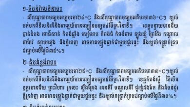 Photo of ក្រសួងធនធានទឹក ជូនដំណឹងអំពីស្ថានភាពធាតុអាកាសនៅកម្ពុជា សម្រាប់ថ្ងៃទី៦ ខែមិថុនា ឆ្នាំ២០២៥